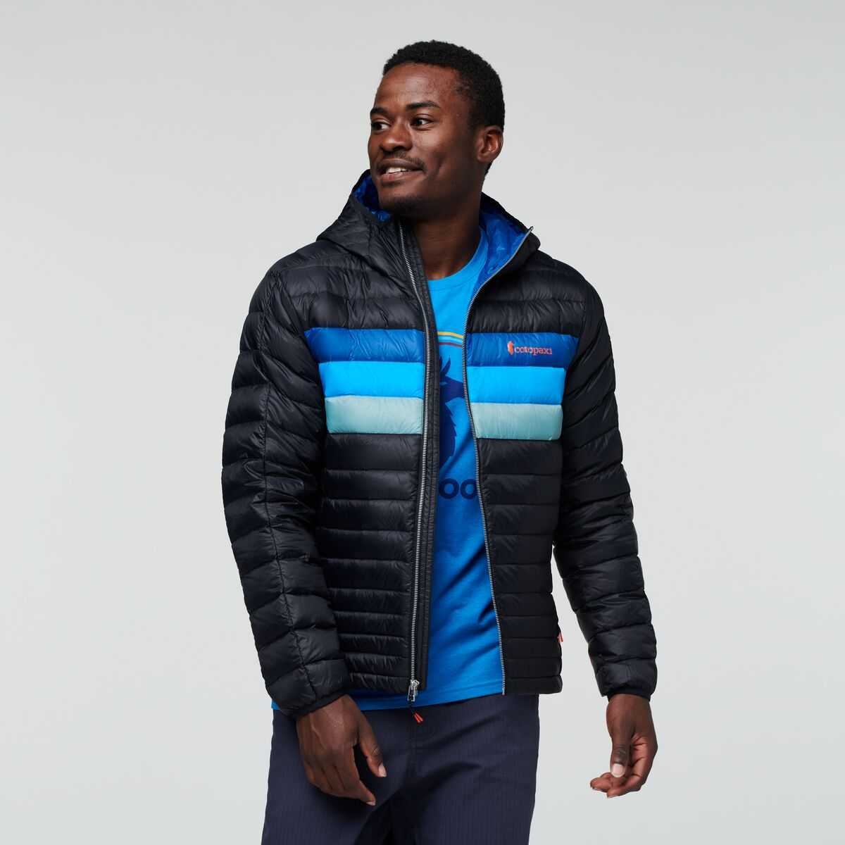 Cotopaxi Men's Fuego Hooded Down Jacket in Black/Pacific Stripes | Size Small
