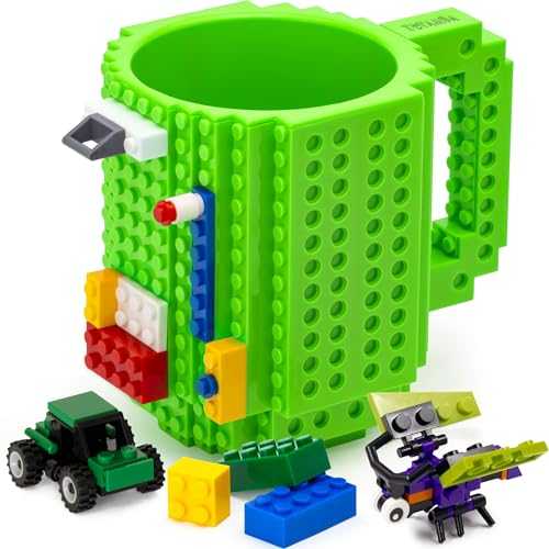 TOYAMBA Build-on Brick Mug with 3 Packs of Building Blocks Compatible with Major Brands, BPA-Free Plastic Funny Coffee Mug for Men/Women, Funny Cups for Kids 16OZ (Green)