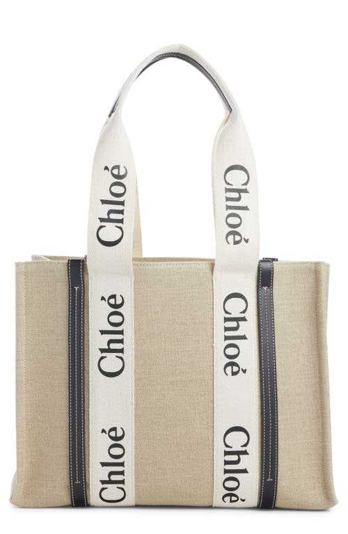 Chloé Large Woody Linen Tote in White - Blue 1 at Nordstrom