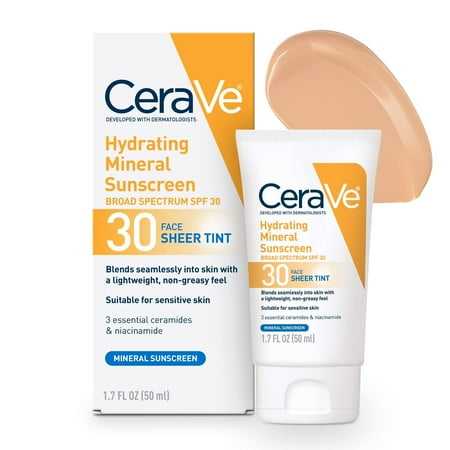 CeraVe Hydrating Mineral Sunscreen Sheer Tint Face Sunscreen with SPF 30 All Skin Types 1.7 fl oz