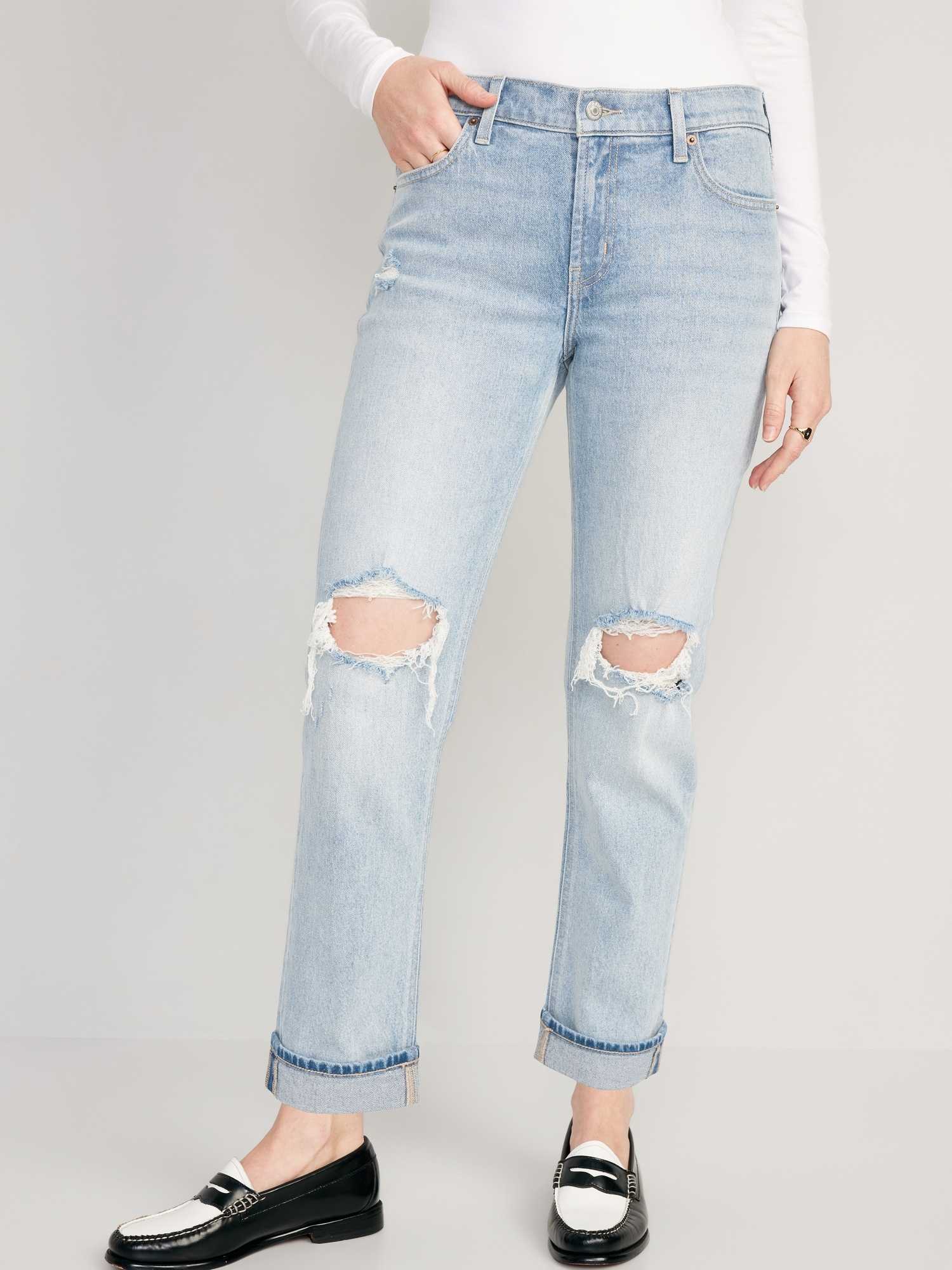 Mid-Rise Button-Fly Boyfriend Straight Jeans