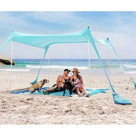 SUN NINJA 7x7.5 FT Pop Up Turquoise Beach Tent UPF50+ with Shovel Pegs & Stability Poles
