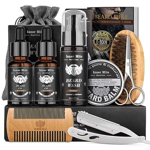 Isner Mile Beard Kit for Men, Grooming & Trimming Tool Complete Set with Shampoo Wash, Beard Care Oil, Balm, Brush, Comb, Scissors & Storage Bag, Birthday Gifts for Him Men Dad Father Boyfriend
